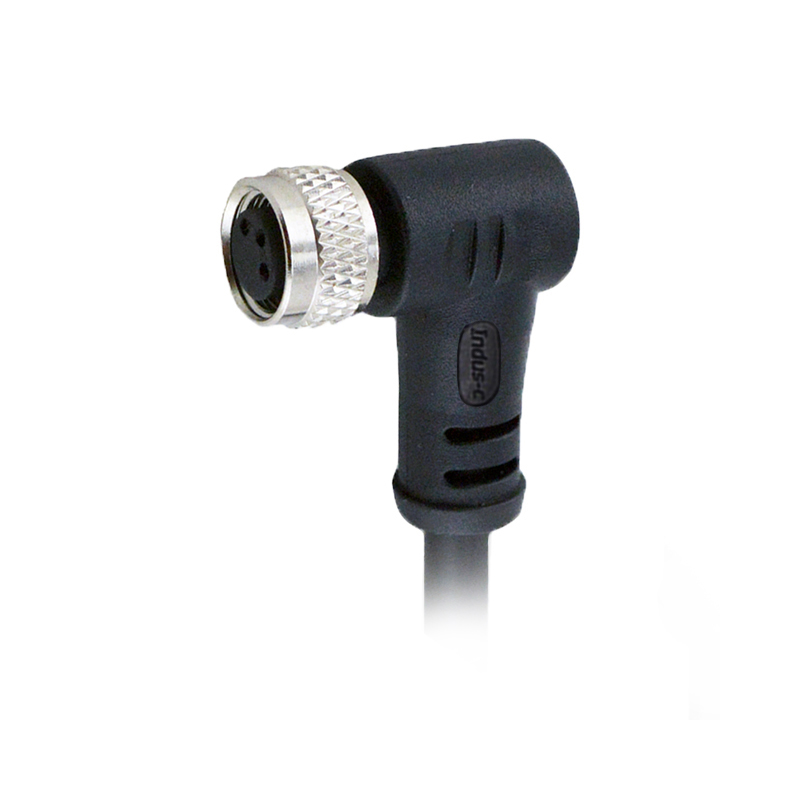 M8 3pins A code female right angle molded cable,shielded,PVC,-40°C~+105°C,24AWG 0.25mm²,brass with nickel plated screw